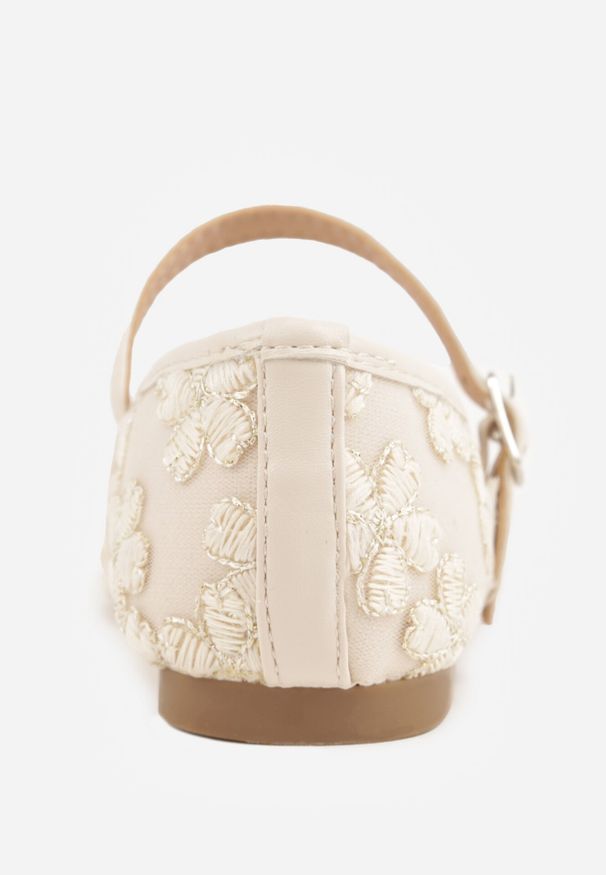 Born2be - Beżowe Siateczkowe Balerinki z Paskiem z Klamerką i Haftowanymi Kwiatami Erolea. Okazja: na co dzień, na uczelnię. Zapięcie: pasek. Kolor: beżowy. Materiał: jeans. Wzór: haft, kwiaty. Styl: casual