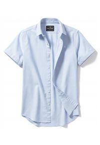 Lniano-Bawełniana Koszula Męska - Pako Jeans - Błękitna. Okazja: na co dzień. Typ kołnierza: button down. Kolor: niebieski. Materiał: bawełna, len. Styl: casual #6