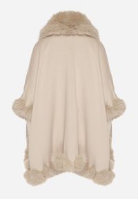 Born2be - Beżowe Ponczo z Wełną i Wiskozą Zdobione Futerkiem Tevilka. Okazja: na co dzień. Kolor: beżowy. Materiał: wełna, futro, wiskoza. Wzór: aplikacja. Styl: casual, elegancki #4