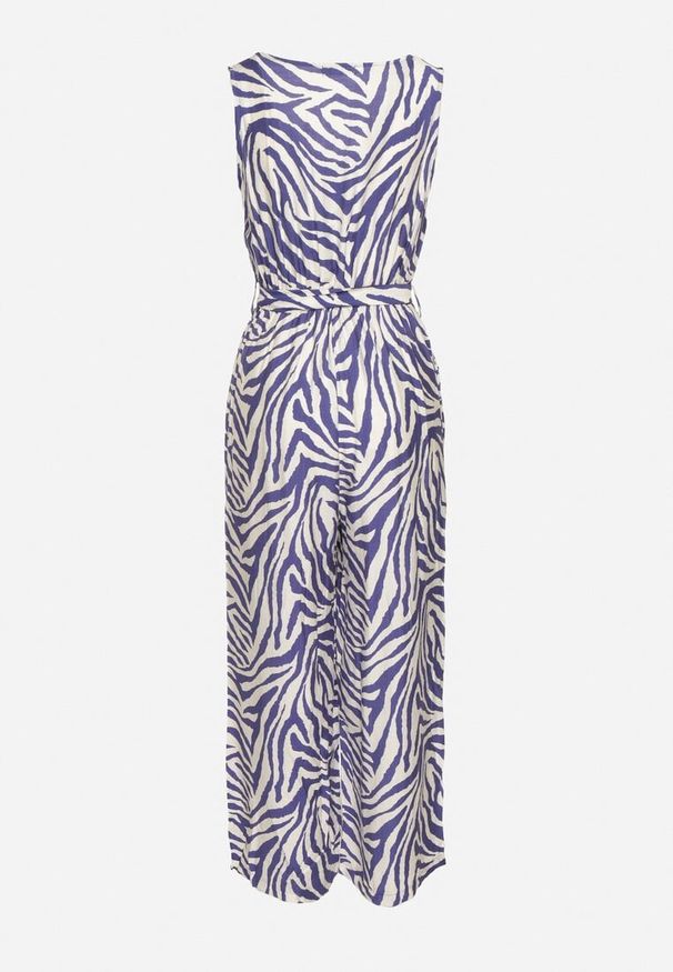 Born2be - Niebieski Kombinezon z Dodatkiem Wiskozy Wykończony Paskiem i Gumką w Talii Corivia. Okazja: na co dzień. Kolor: niebieski. Materiał: wiskoza. Styl: casual, elegancki