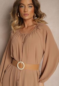 Renee - Beżowa Sukienka Palane. Kolor: beżowy. Materiał: materiał. Wzór: gładki, aplikacja. Styl: klasyczny. Długość: maxi