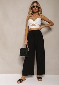 Renee - Czarne Bawełniane Spodnie Palazzo High Waist z Gumką w Pasie Gitanea. Okazja: na co dzień. Stan: podwyższony. Kolor: czarny. Materiał: bawełna. Styl: elegancki, casual