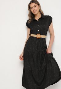 Born2be - Czarna Sukienka Ozdobiona Plecionym Paskiem i Guzikami Filianea. Okazja: na co dzień. Kolor: czarny. Materiał: jeans. Wzór: aplikacja. Styl: elegancki, casual #4