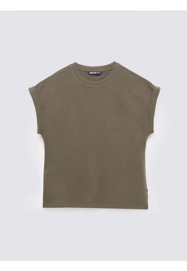 Big-Star - Koszulka damska z podwijanym rękawem khaki Adela 303. Kolor: zielony. Materiał: dzianina, żakard. Długość rękawa: krótki rękaw. Długość: krótkie. Wzór: jednolity. Styl: klasyczny