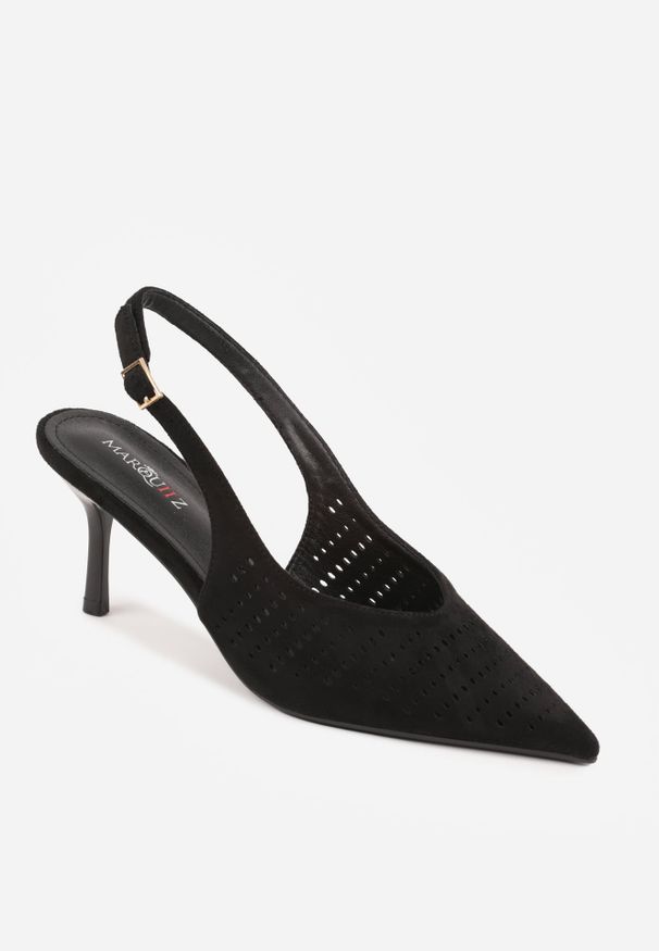 Renee - Czarne Szpilki Slingback z Ażurową Cholewką Nessnore. Zapięcie: sprzączka. Kolor: czarny. Materiał: satyna. Szerokość cholewki: normalna. Wzór: ażurowy. Obcas: na szpilce