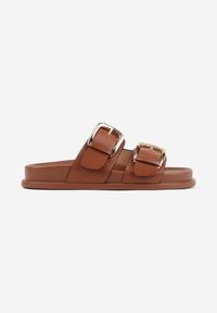 Born2be - Brązowe Klapki Ozdobione Dwoma Paskami i Klamrami Jilryna. Okazja: na spacer, na co dzień. Kolor: brązowy. Materiał: jeans. Wzór: aplikacja. Sezon: lato. Styl: casual, klasyczny #3