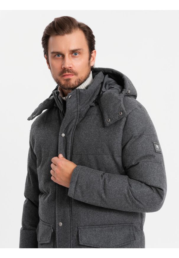 Ombre Clothing - Długa ciepła kurtka męska typu parka z wełną – czarny melanż V2 OM-JALJ-0217 - XXL. Kolor: czarny. Materiał: wełna. Długość: długie. Wzór: melanż