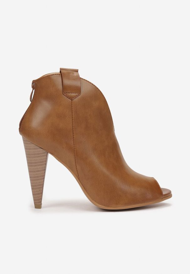 Renee - Brązowe Botki na Stożku z Noskiem Peep Toe Rinsali. Nosek buta: otwarty. Kolor: brązowy. Szerokość cholewki: normalna. Obcas: na stożku. Wysokość obcasa: wysoki