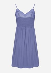 Born2be - Niebieska Sukienka z Wiskozy na Cienkich Ramiączkach z Regulacją Ozdobiona Lampasem i Haftem Nelrissa. Okazja: na imprezę. Typ kołnierza: dekolt w kształcie V. Kolor: niebieski. Materiał: wiskoza. Długość rękawa: na ramiączkach. Wzór: aplikacja, haft #5