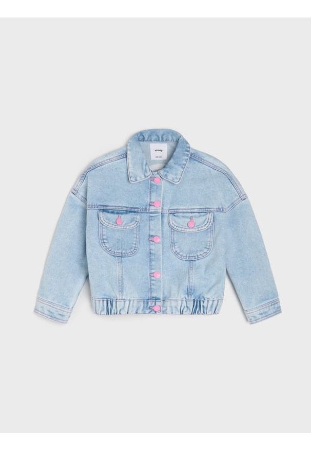 Sinsay - Kurtka jeansowa ze zdobionym jednorożcem na plecach - niebieski. Kolor: niebieski. Materiał: jeans. Wzór: aplikacja