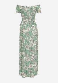 Born2be - Zielona Sukienka z Wiskozy Typu Hiszpanka z Marszczonym Dekoltem Yelbia. Typ kołnierza: dekolt hiszpanka. Kolor: zielony. Materiał: wiskoza. Wzór: kwiaty #4