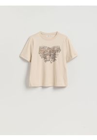 Reserved - Bawełniany t-shirt z nadrukiem - beżowy. Kolor: beżowy. Materiał: bawełna. Wzór: nadruk #1
