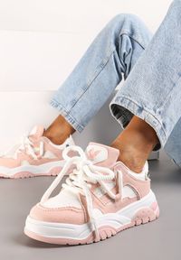 Renee - Różowe Sneakersy na Niskiej Platformie z Grubymi Sznurówkami Nerisses. Kolor: różowy. Obcas: na platformie #1