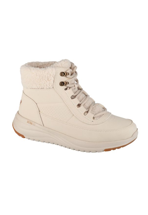 skechers - Buty zimowe damskie, On-The-Go Stellar - Alpine Adventure. Wysokość cholewki: za kostkę. Zapięcie: sznurówki. Kolor: biały. Materiał: skóra. Szerokość cholewki: normalna. Sezon: zima. Sport: turystyka piesza