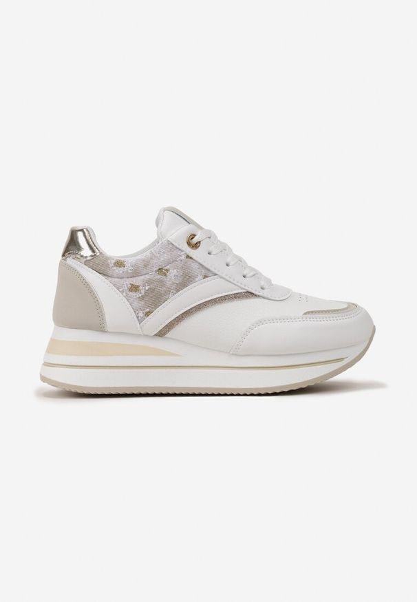 Renee - Biało-Beżowe Sznurowane Sneakersy z Ekoskóry z Błyszczącymi Wstawkami Fiviara. Okazja: na co dzień. Zapięcie: pasek. Kolor: biały. Szerokość cholewki: normalna. Wzór: paski
