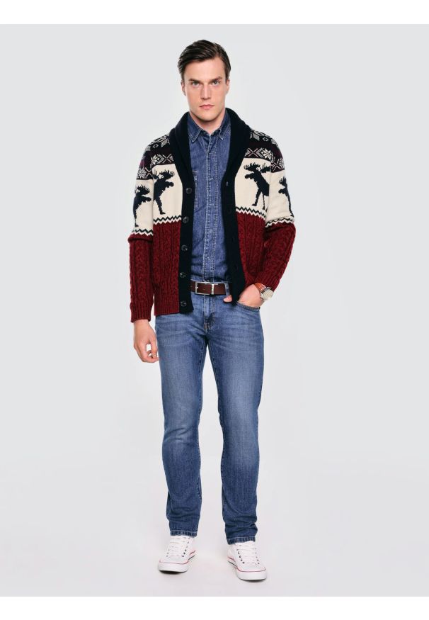 Big-Star - Kardigan męski ze wzorem skandynawskim bordowo-granatowy Lorenzo 000. Okazja: na spacer. Kolor: wielokolorowy. Materiał: jeans, dzianina. Wzór: ze splotem, gładki. Styl: sportowy, klasyczny