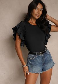 Renee - Czarna Bluzka Dislie. Kolor: czarny. Materiał: jeans, bawełna, dzianina. Wzór: kwiaty, gładki. Sezon: lato. Styl: elegancki