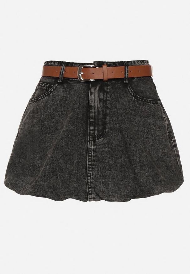 Born2be - Czarna Spódnica Jeansowa z Bawełny o Fasonie Bombki z Paskiem Lorinda. Okazja: na co dzień. Kolor: czarny. Materiał: jeans, bawełna. Styl: elegancki, casual