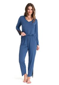 MOE - Długie Spodnie od Piżamy z Koronką - Niebieskie. Kolor: niebieski. Materiał: koronka. Długość: długie. Wzór: koronka