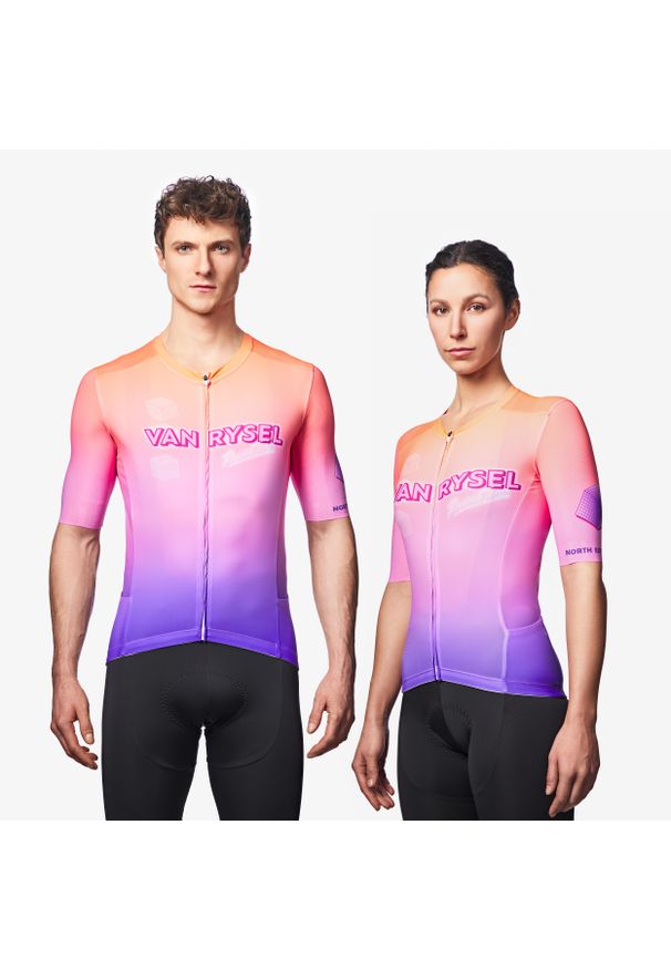 VAN RYSEL - Koszulka rowerowa szosowa Van Rysel Racer 2. Kolor: pomarańczowy, wielokolorowy, różowy. Materiał: materiał, poliester, elastan