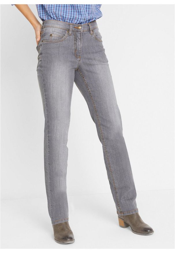 bonprix - Dżinsy ze stretchem, straight, mid waist. Stan: podwyższony. Kolor: szary. Styl: klasyczny