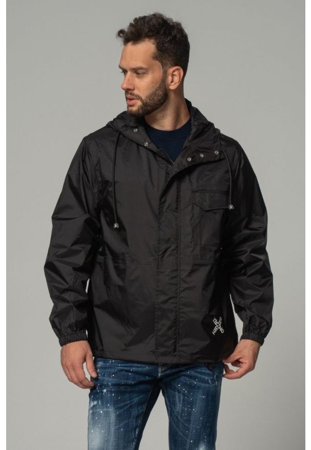 Kenzo - KENZO Czarna męska kurtka wiatrówka z kapturem, Rozmiar M. Typ kołnierza: kaptur. Kolor: czarny