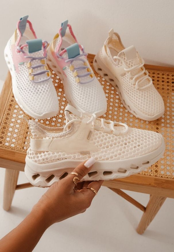 Born2be - Beżowe Siateczkowe Buty Sportowe Sneakersy na Grubej Tłoczonej Podeszwie Luriane. Okazja: na co dzień. Kolor: beżowy. Materiał: jeans, materiał