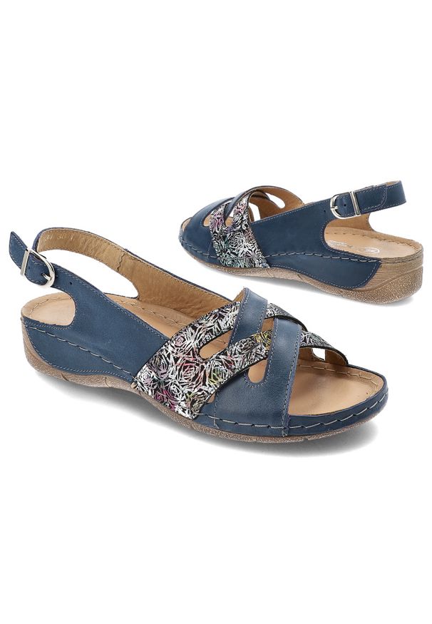 Granatowe Sandały Helios Wygodne Obuwie Damskie Ze Skóry Naturalnej. Zapięcie: klamry. Kolor: niebieski. Materiał: skóra. Wzór: aplikacja, paski. Sezon: lato. Styl: elegancki
