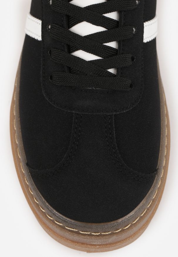 Renee - Czarne Sneakersy na Tłoczonej Platformie Ozdobione Paskami Felainora. Okazja: na co dzień, na spacer. Zapięcie: pasek. Kolor: czarny. Wzór: aplikacja. Obcas: na platformie. Sport: turystyka piesza