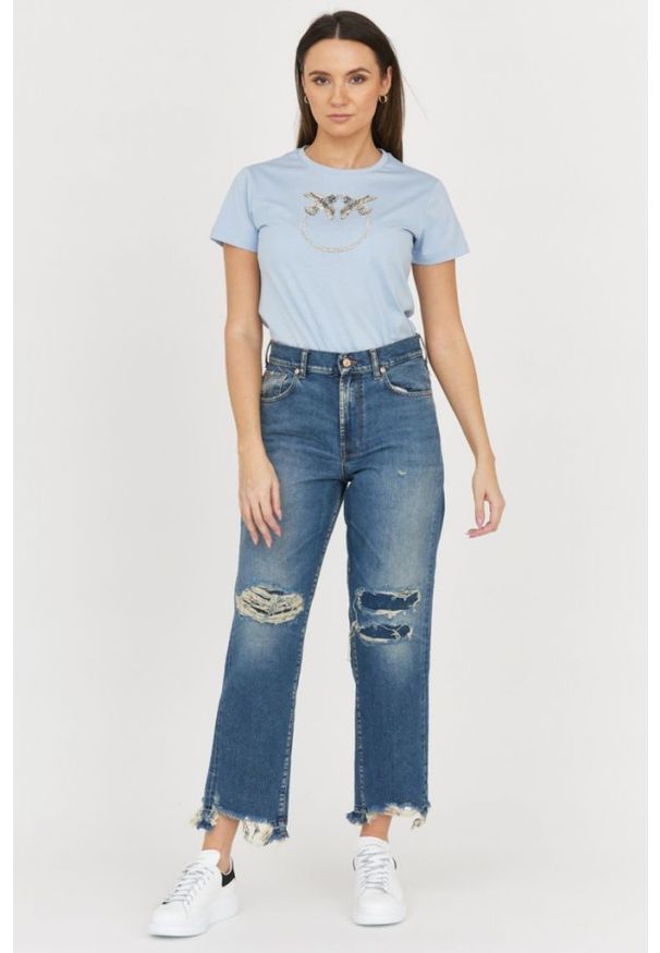 7 FOR ALL MANKIND Błękitne jeansy damskie THE MODERN STRAIGHT Z DZIURAMI. Kolor: niebieski