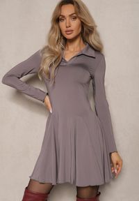 Renee - Szara Sukienka z Wiskozą o Rozkloszowanym Kroju z Kołnierzykiem Ettoria. Kolor: szary. Materiał: wiskoza. Typ sukienki: rozkloszowane. Styl: wizytowy, klasyczny, elegancki #5