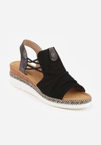 Born2be - Czarne Sandały na Koturnie z Marszczoną Cholewką i Metaliczną Aplikacją Teodlar. Zapięcie: bez zapięcia. Kolor: czarny. Materiał: jeans, len. Wzór: aplikacja. Sezon: lato. Obcas: na koturnie. Styl: boho. Wysokość obcasa: średni #3