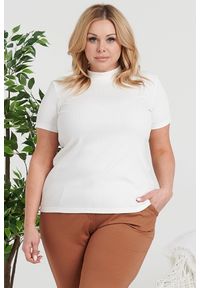 KARKO - Bluzka półgolf z bawełnianej prążkowanej dzianiny krótki rękawa GABI biała. Okazja: na co dzień. Kolekcja: plus size. Kolor: biały. Materiał: bawełna, prążkowany, dzianina. Długość rękawa: krótki rękaw. Długość: krótkie. Wzór: jednolity. Styl: casual, elegancki