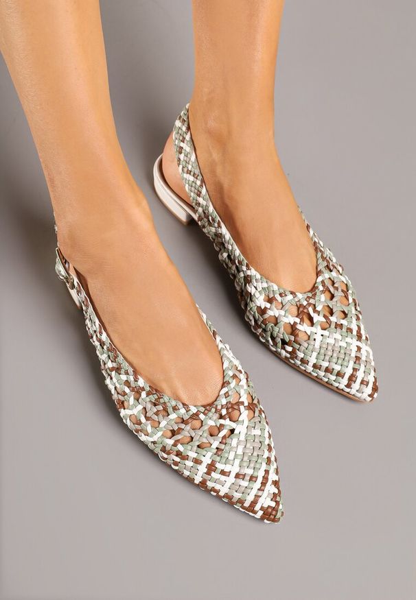 Renee - Brązowo-Białe Sandały Slingback z Szydełkową Cholewką Linisella. Okazja: na co dzień. Zapięcie: sprzączka. Kolor: brązowy. Sezon: lato. Obcas: na obcasie. Styl: casual. Wysokość obcasa: średni