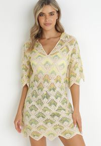 Born2be - Żółto-Fuksjowa Pudełkowa Sukienka Mini z Głębokim Dekoltem z Szydełkowej Bawełny Cristel. Kolor: żółty. Materiał: bawełna. Styl: boho. Długość: mini #5