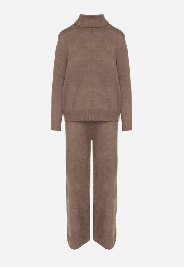 Born2be - Ciemnobeżowy Dzianinowy Komplet z Wełną i Bawełną Spodnie i Sweter z Golfem Errele. Kolor: beżowy. Materiał: bawełna, dzianina, wełna