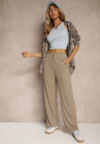 Renee - Ciemnobeżowe Spodnie High Waist o Fasonie Paper Bag z Gumką w Talii Lunalitia. Okazja: na co dzień. Stan: podwyższony. Kolor: beżowy. Wzór: aplikacja. Styl: elegancki, casual #3