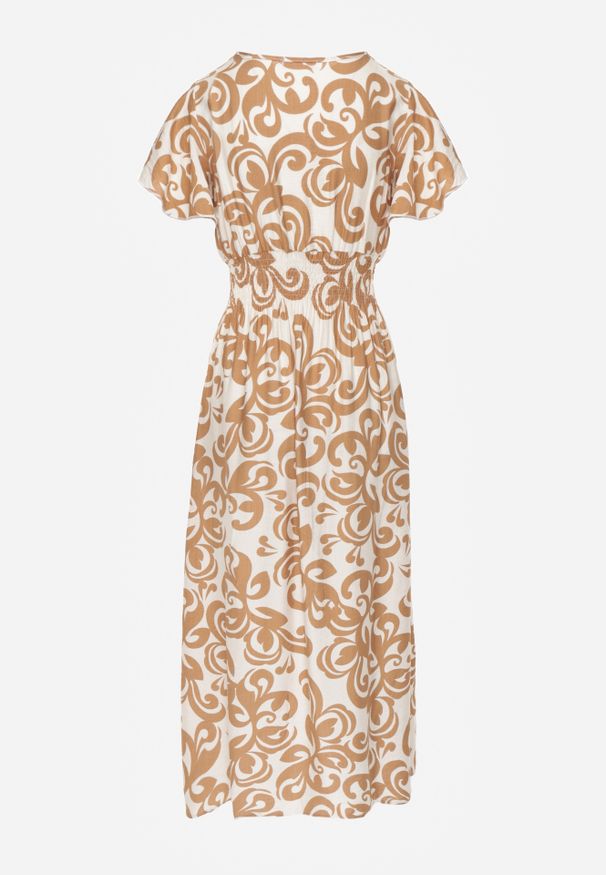 Renee - Brązowa Taliowana Sukienka z Wiskozy z Kopertowym Dekoltem Jynaela. Typ kołnierza: dekolt kopertowy. Kolor: brązowy. Materiał: wiskoza. Wzór: nadruk. Typ sukienki: kopertowe. Styl: boho