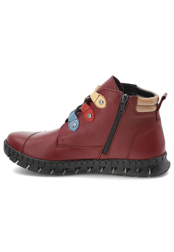Czerwone Botki Armodo Skórzane Buty Damskie. Okazja: na co dzień. Kolor: czerwony. Materiał: skóra. Wzór: kolorowy. Styl: casual