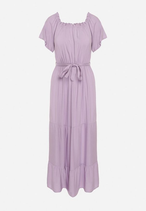 Born2be - Fioletowa Sukienka z Wiskozy Telephanassa. Typ kołnierza: dekolt hiszpanka. Kolor: fioletowy. Materiał: wiskoza. Długość rękawa: krótki rękaw. Wzór: gładki. Typ sukienki: rozkloszowane. Długość: maxi