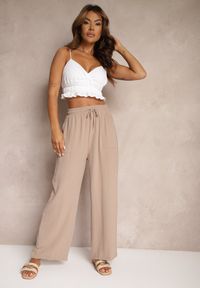 Renee - Ciemnobeżowe Spodnie High Waist ze Sznurkiem w Talii i Prostą Nogawką Raveann. Okazja: na co dzień. Stan: podwyższony. Kolor: beżowy. Styl: casual #3