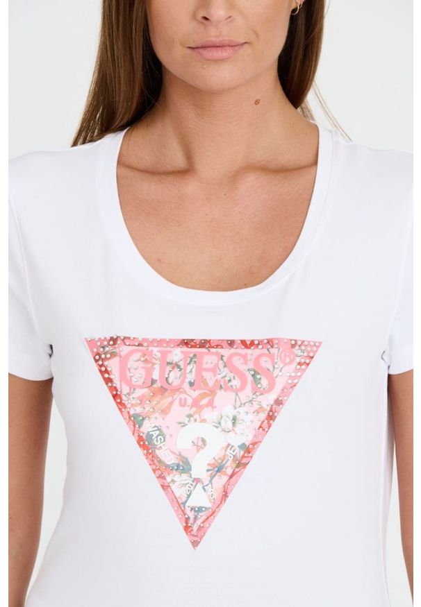 Guess - GUESS Biały damski t-shirt Satin Triangle Tee, Rozmiar XS. Kolor: biały
