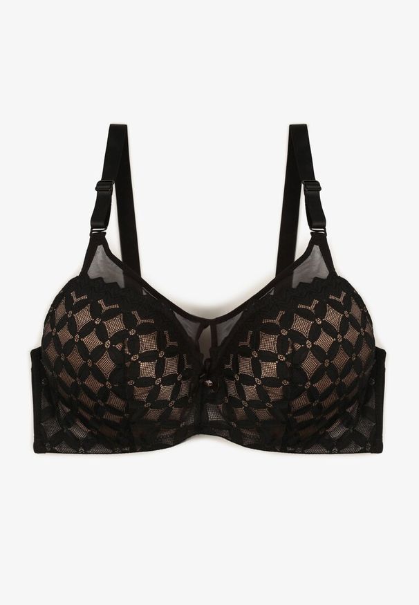 Renee - Czarno-Beżowy Biustonosz o Kroju Full Cup Push-Up Zdobiony Geometrycznym Wzorem Zoliri. Kolor: czarny. Materiał: bawełna. Rodzaj stanika: push-up. Wzór: geometria, aplikacja