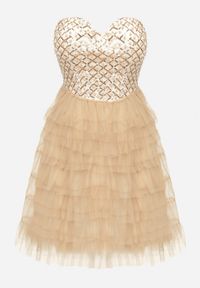 Born2be - Beżowa Sukienka Mini Bez Ramiączek z Cyrkoniami i Tiulem Jesionna. Kolor: beżowy. Materiał: tiul. Długość rękawa: bez ramiączek. Wzór: aplikacja. Długość: mini #6