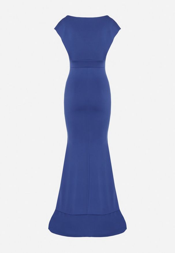 Born2be - Granatowa Asymetryczna Sukienka z Dekoltem V i Ozdobną Falbaną Efiola. Okazja: na co dzień. Typ kołnierza: dekolt w kształcie V. Kolor: niebieski. Typ sukienki: asymetryczne. Styl: casual, elegancki