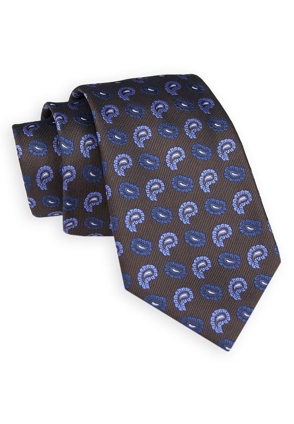 Brązowy Elegancki Krawat -Angelo di Monti- 7 cm, Męski, w Niebiesko-Granatowy Wzór Paisley, Łezki. Kolor: niebieski, brązowy, beżowy, wielokolorowy. Wzór: paisley. Styl: elegancki