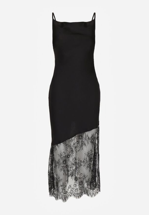 Born2be - Czarna Koktajlowa Sukienka z Satyny Ozdobiona Koronką Palinca. Okazja: na co dzień, na imprezę. Kolor: czarny. Materiał: satyna, koronka. Długość rękawa: na ramiączkach. Wzór: aplikacja, koronka. Styl: wizytowy