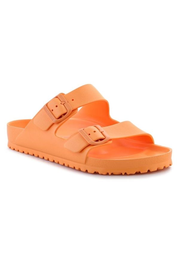 Klapki Birkenstock Birkenstock Arizona Eva M 1025188 pomarańczowe. Okazja: na plażę, na co dzień, na spacer. Kolor: pomarańczowy. Materiał: materiał. Wzór: paski. Sezon: lato. Styl: casual, elegancki