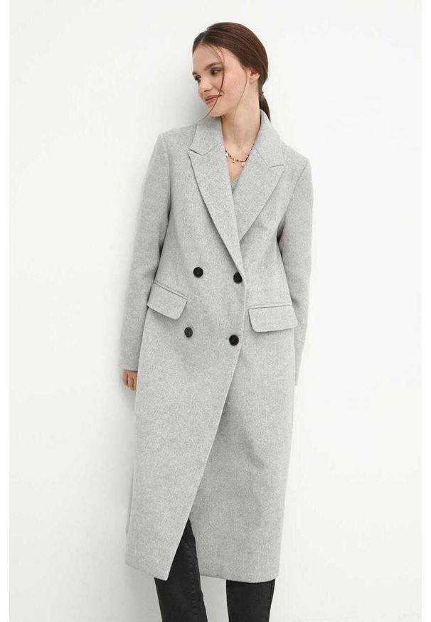 medicine - Medicine płaszcz z domieszką wełny kolor szary przejściowy dwurzędowy. Kolor: szary. Materiał: wełna. Wzór: aplikacja. Styl: klasyczny