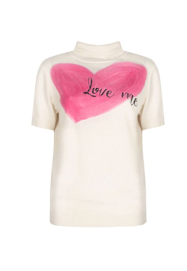 Trussardi Jeans T-Shirt | 56M00159 | Kobieta | Beżowy. Typ kołnierza: golf. Kolor: beżowy. Materiał: wełna, kaszmir. Wzór: nadruk